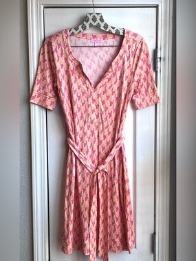 Lilly Pulitzer Pink Orange Geometric 100% Silk Sheath V-Neck Belted Dress Size 2